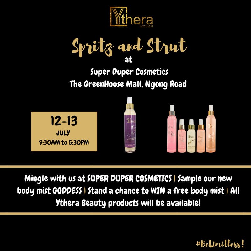 Ytherabeauty's tweet photo. We are hosting our amazing " Spritz & Strut " at Super Duper this week 💃🏽. Sample our different body mists, learn more about Ythera Beauty and stand a chance to WIN a body mist🙌🏽.
Save the date, tell a friend to tell a friend.
#Kenyan #BeLimitless #AfriCan #SpritzandStrut https://t.co/BT7m1k3wEp