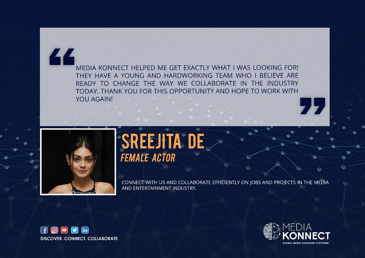 Media Konnect carried out a successful short film for <a href="/SreejitaDe3/">Sreejita De</a>

We thank you for your kind words. This is what keeps us motivated!

#MKtestimonial #MondayMotivation #actor #actorslife #projects #opportunity #Media #shortfilm