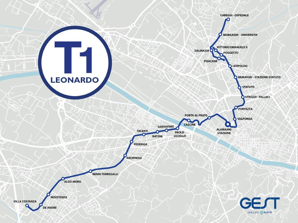 TramviaGEST's tweet photo. La T1 Leonardo attraversa Firenze. La mappa della nuova linea, con le sue 26 fermate e gli 11,5 km che si snodano tra “Villa Costanza” e “Careggi – Ospedale” passando dalla Stazione di Santa Maria Novella. Il pre-esercizio continua e la T1 diventa grande! https://t.co/nlefpRtegC