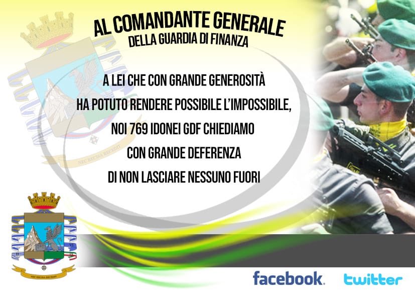 IdoneiGdF2012's tweet photo. Dopo essere arrivati quasi tutti vicini al traguardo tanto agognato, i 769 idonei @GdF chiedono al loro futuro Comandante, Gen. G. Toschi, un ulteriore generoso sforzo per permettere anche all'ultimo di ciascuna delle nostre graduatorie di poter gioire con tutti gli altri. Grazie https://t.co/WqnWVmVwcK