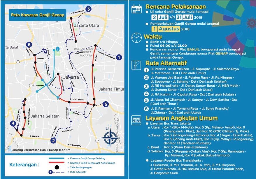 KEMENPORA_RI's tweet photo. Perluasan kawasan pengendalian lalu lintas Ganjil Genap dalam rangka #AsianGames2018 #SukseskanAsianGames2018 (📸 @TMCPoldaMetro) https://t.co/saQbVdisvm