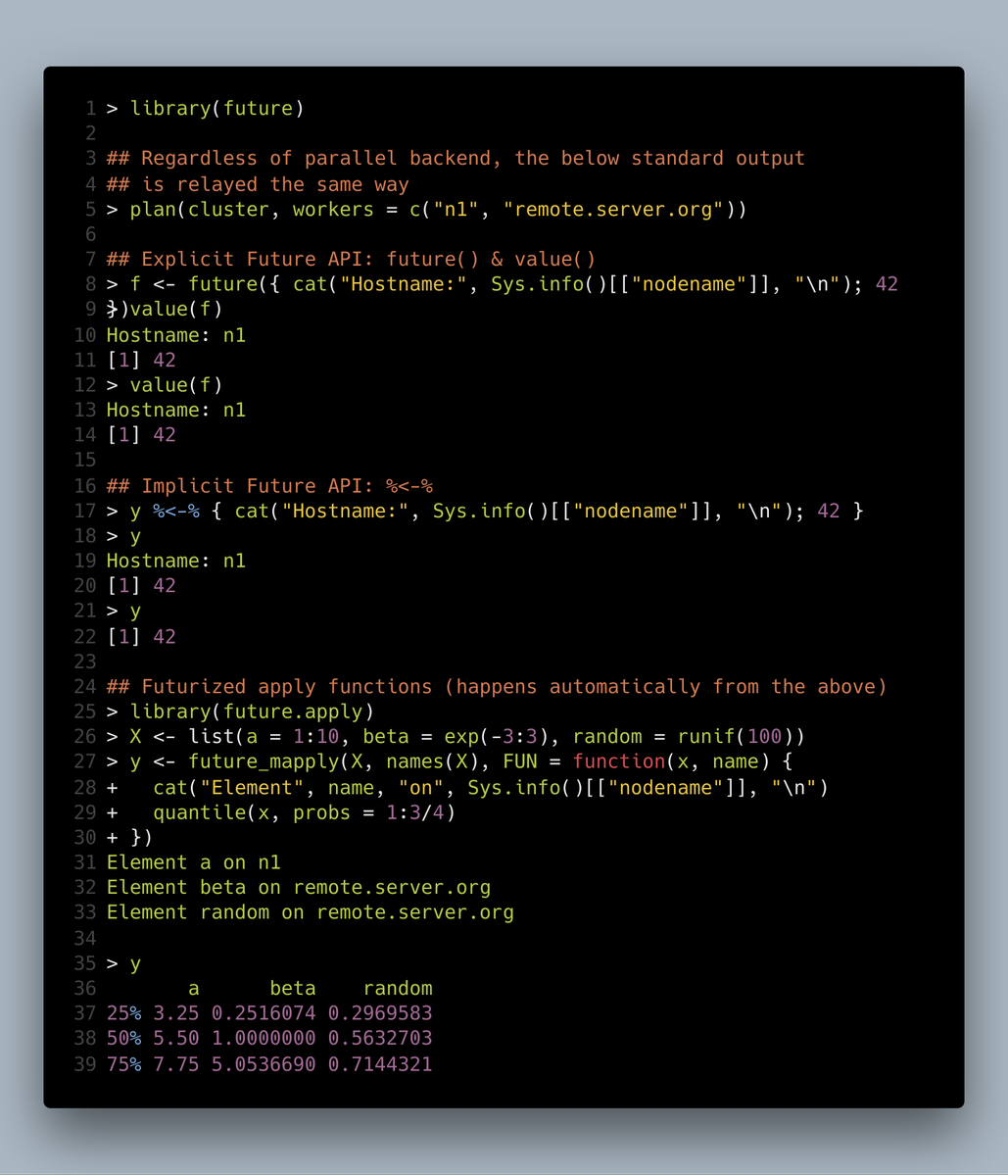 Various examples of how the stdout from futures is being relayed when the future value is collected 

(screenshot generated by https://carbon.now.sh/)