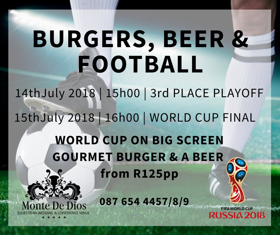 We have the perfect place to watch the WORLD CUP FINALS! We will be showing the 3rd Place Playoff &amp; the FINAL GAME on a BIG SCREEN. With GOURMET BURGERS &amp; ice cold BEER from only R125pp.
Join us on the 14th &amp; 15th July | Call us to book your table.