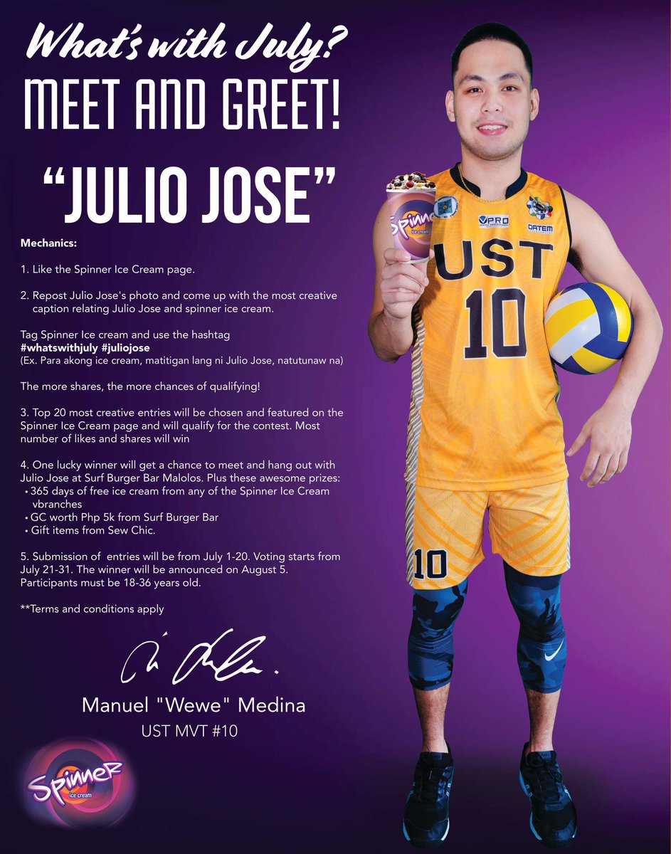 SpinnerIce's tweet photo. Volleyball fans!! Eto na si Julio Jose! 

Want to hang out with UST Men’s Volleyball Team’s MANUEL “wewe” MEDINA?
#whatswithjuly #juliojose

Click on the link para makasali 

https://t.co/2GlufVYCPK https://t.co/hEb4zKgKby