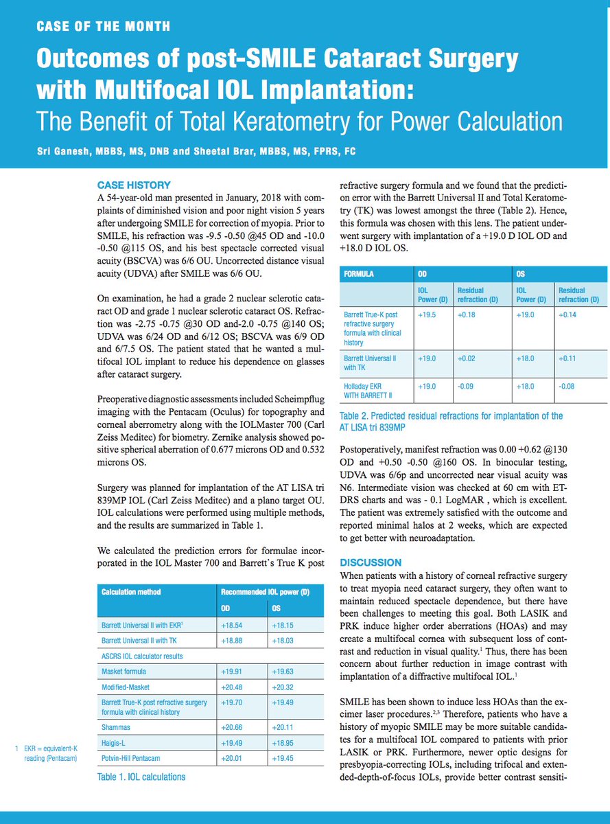 (Ad) Performing cataract surgery in a post-SMILE patient: in this case study, the use of an optical biometer, with total keratometry for power calculation, delivered an excellent refractive outcome. buff.ly/2yzvAiT