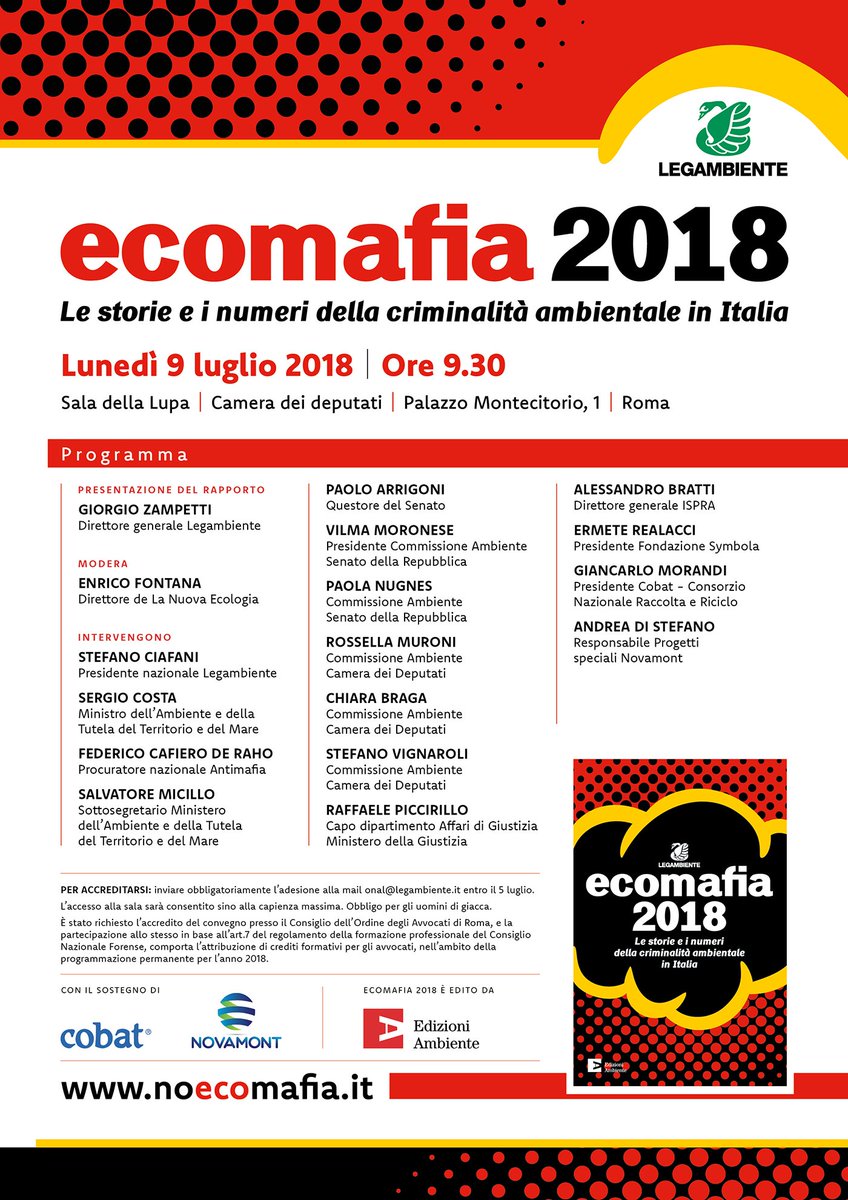 Oggi a <a href="/Montecitorio/">Camera dei deputati</a>  per presentare l'edizione 2018 del Rapporto #Ecomafia: storie e numeri della criminalità ambientale in Italia

con @SergioCosta_min <a href="/micillom5s/">Salvatore Micillo</a> @RossMuroni  <a href="/bragachiara/">Chiara Braga</a>  <a href="/erealacci/">Ermete Realacci</a>  <a href="/SVignaroli/">stefano vignaroli</a> @alebratti <a href="/cobat_consorzio/">Consorzi Cobat</a> <a href="/distefanonova/">distefanonova</a> <a href="/StefanoCiafani/">Stefano Ciafani</a>