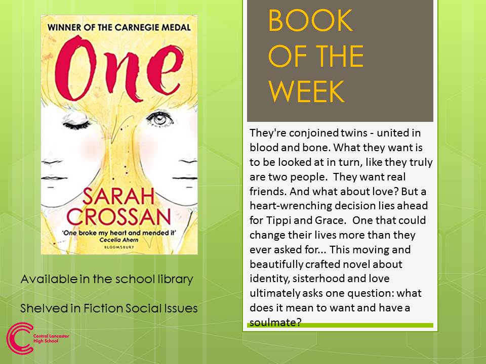CLHSLib's tweet image. CLHS Book of the week, One by @SarahCrossan, I loved this book and met Sarah at the SLA conference 2017.