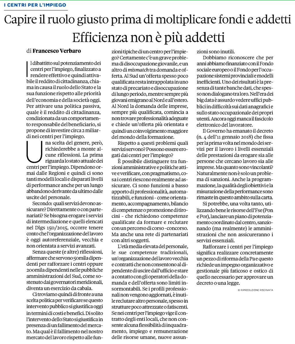 Interessante contributo di <a href="/francescoVerbar/">Francesco Verbaro</a> in merito ai Centri per l'Impiego: più addetti non equivale a maggiore efficienza. Aggiungo: facciamo fare il lavoro soprattutto a chi lo conosce bene, le Agenzie per il Lavoro.