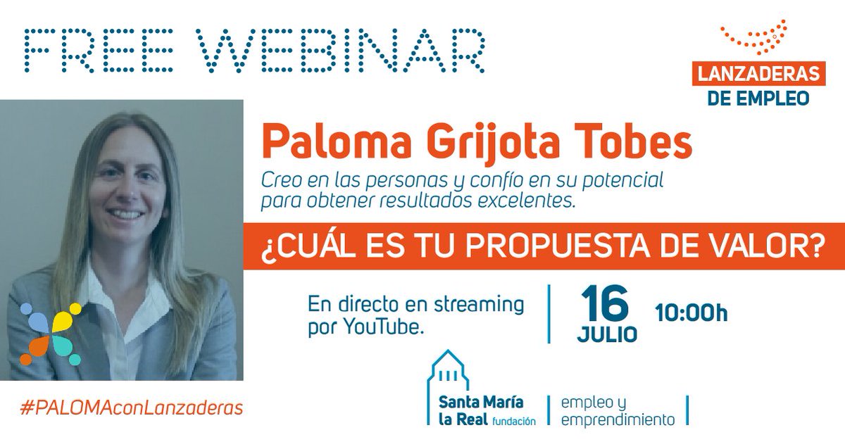 AreaEmpleoFSMLR's tweet photo. ¡Prepárate para un nuevo #webinar gratuito! Podrás adquirir más habilidades para tu búsqueda de #empleo.

En esta ocasión @PGTob (Paloma Grijota), nos ofrecerá las respuestas para poder crear una verdadera propuesta de valor. #PALOMAconLanzaderas. Agenda:
 https://t.co/GlEPyMmXjB https://t.co/PNfKa2BafB