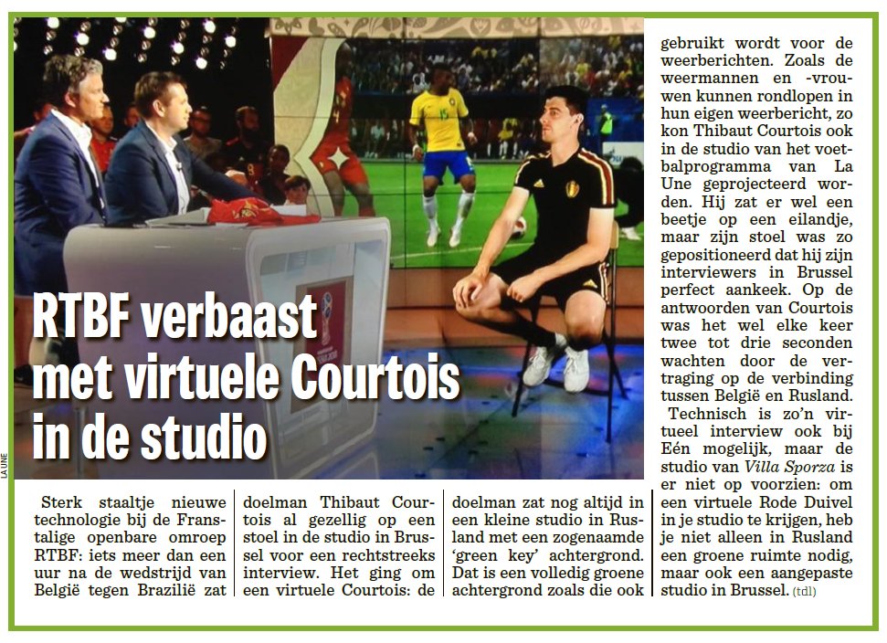 Ce matin, toute la presse flamande est impressionnée par la prouesse technique de la <a href="/RTBF/">RTBF</a> pour l'intégration des <a href="/BelRedDevils/">Belgian Red Devils</a> en plateau. #WorldCup
