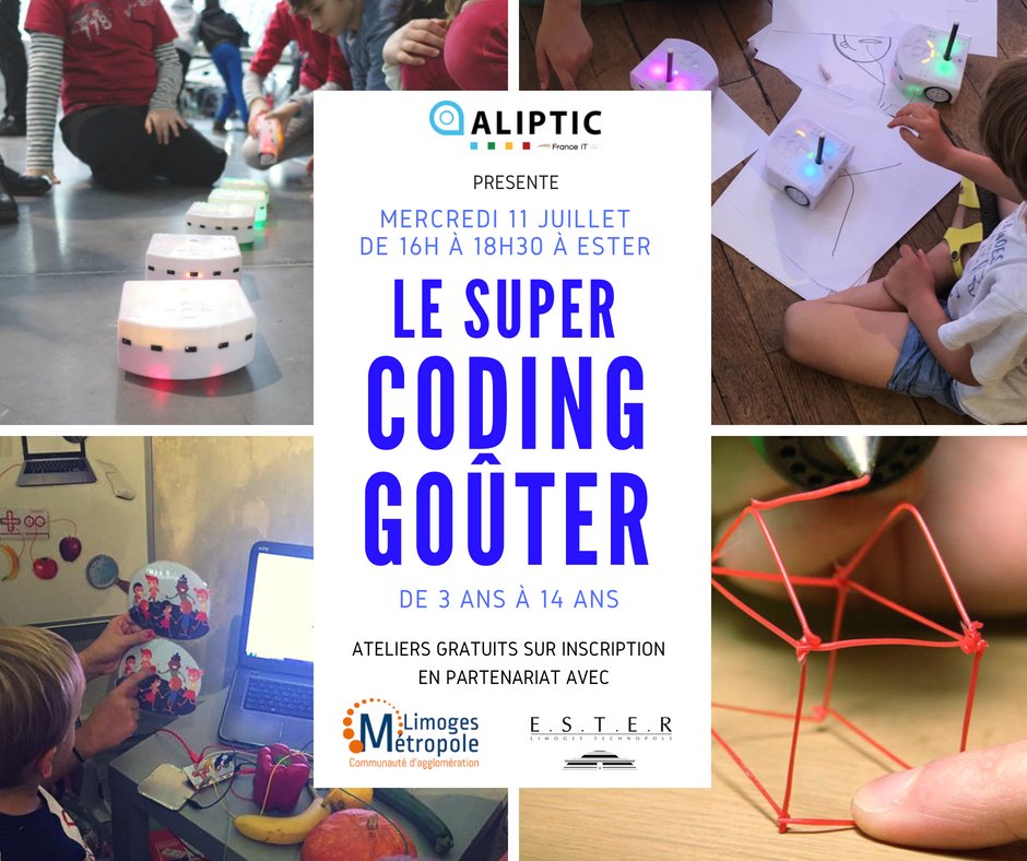 aliptic_'s tweet image. #EVENEMENT 👶🏼🤖 Nous organisons le SUPER #CodingGoûter ce mercredi de 16h à 18h30 à @EsterTechnopole.
L'occasion de découvrir et faire découvrir à vos enfants de 3 à 14 ans plusieurs technologies numériques lors d'ateliers d'initiation gratuits animés par des pro !
Suite ⤵️