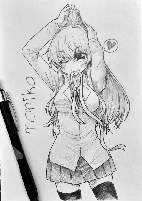 Monika sketch is done!
Ack sorry shes still tying her hair right now. Come back later..
...
Seems like she doesn't mind anyway so I'll just post this.
*****
If you like monika SMASH THAT DELETE BUTTON im sorry 