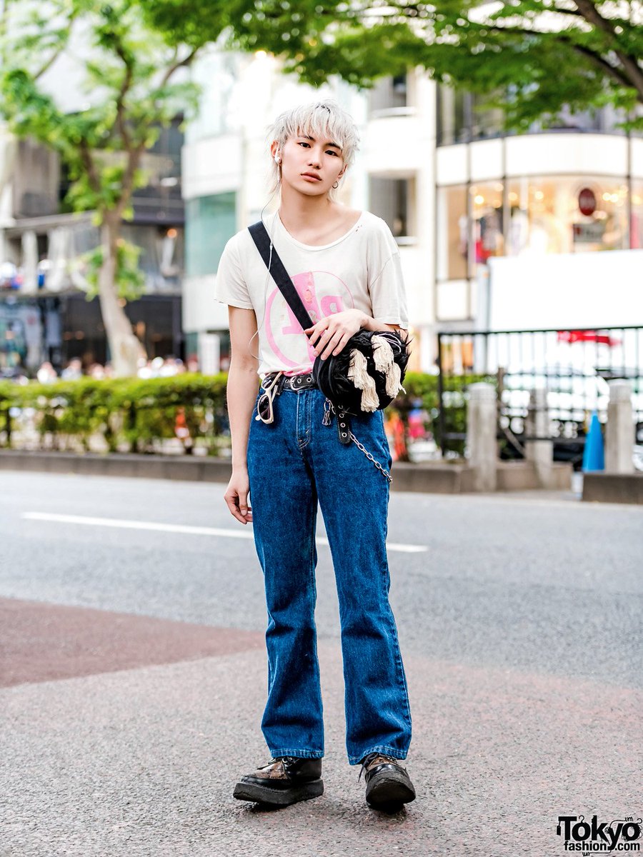 Tokyo Fashion on X: 20-year-old Japanese student Kyo on the street in  Harajuku wearing a Peel & Lift t-shirt, Levi's 517 jeans, platform  creepers, a Christopher Nemeth bag & WTAP accessories #原宿