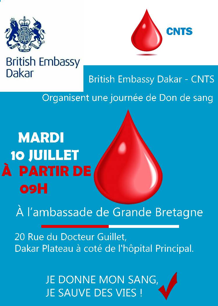 UKinSenegal's tweet photo. venez vous joindre à nous ce mardi 10 juillet à partir de 9h à l'ambassade de Grande Bretagne pour relever le défi du #GiveBloodChallenge. Ensemble, nous pouvons aider le Centre National de Transfusion Sanguine  à sauver des vies. @SAVE_DAKAR @KaneBousso @dembagueye @aliamsi https://t.co/GiukjEQ3ZE