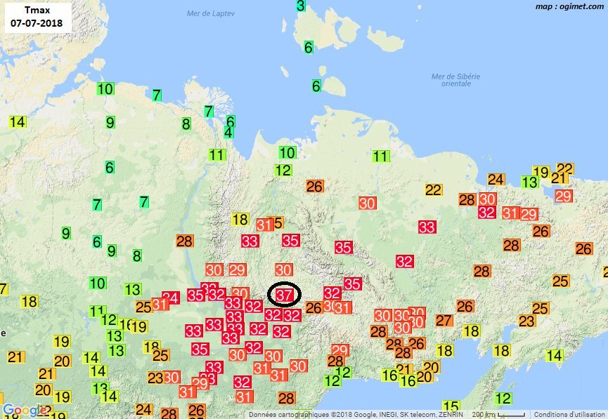 Meteovilles's tweet photo. 10 jours que des fortes #chaleurs s'abattent sur la région de #Yakutsk en #Sibérie avec des feux de forêts qui rendent irrespirable l'air dans la ville. A #Tompo, un record absolu de chaleur a été mesuré à la station (37,3°C) le 7 juillet.
> https://t.co/UeZw1fhP6r https://t.co/jQXges93Hp