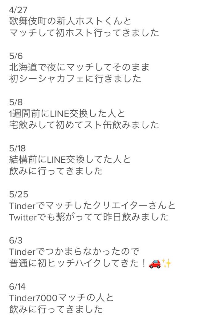 きのしたまい Airbnb暮らし Twitterissa Tinder出会いの記録 Tinderのプロフィールの一部抜粋 自己紹介欄に出会った記録を2行で 書いてるよ この人はほんとに出会えるんだ と思ってもらえるし 興味持ってもらえる T Co Pwqwvvpavp Twitter