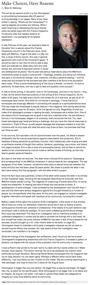 Editorial by Chronogram

bit.ly/EFC_Chronogram…

#TimesUpEric #EricFrancisCoppolino #PlanetWaves #Chronogram #Astrology #Horoscopes #MeToo #TimesUp