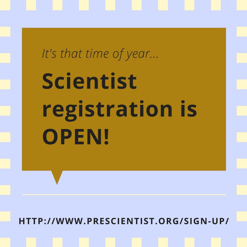 Scientist registration is now open!! We're hoping to recruit >1,500 scientists to volunteer as pen pals for the 2018-19 school year. Visit prescientist.org/sign-up to register, and then share with your #science friends! #sciencepenpals #DiversityinSTEM #BlackandSTEM #LatinxandSTEM