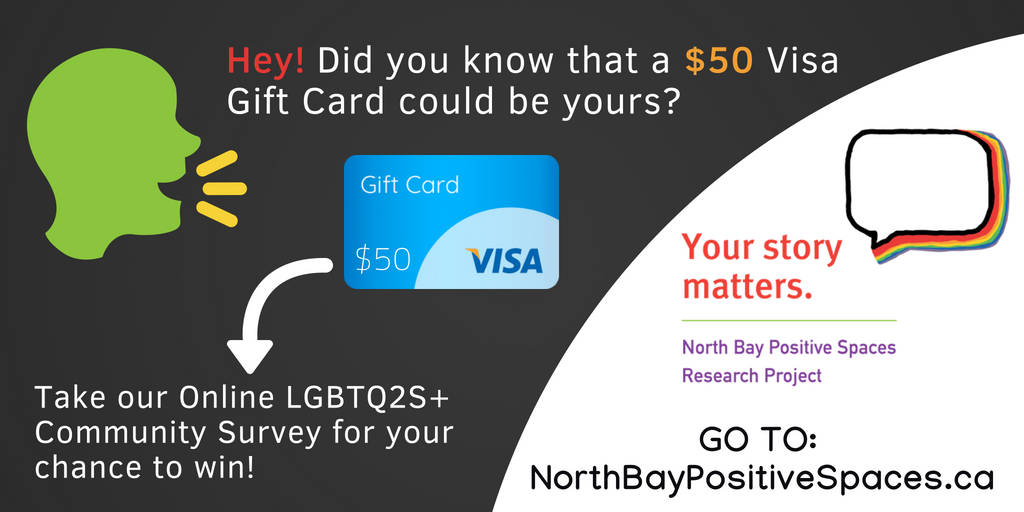 #DidYouKnow participants of the #LGBTQ2S+online survey have the chance to win a $50 Visa #GiftCard?! TAKE SURVEY HERE: bit.ly/2tem0f2 
#NorthBay #NBayPositiveSpaces #NipissingDistrict  #LGBT  #LGBTQ  #LGBTQIA   #LGBTQNewcomers  #cdnimm  #Newcomers  #NewCanadians <a href="/NBDMC/">North Bay & District Multicultural Centre</a>