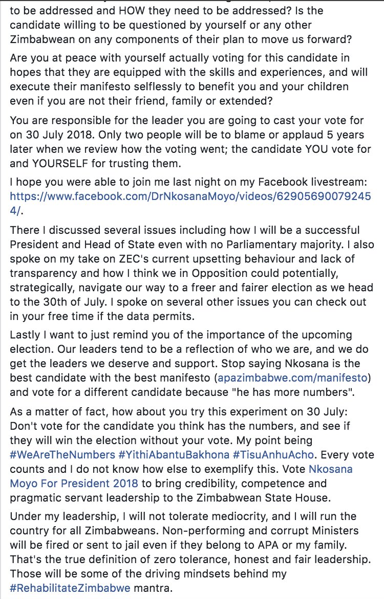 DrNkosana's tweet photo. My message this morning to everyone who joined my WhatsApp broadcast list.
If you want to join it, send me a message on WhatsApp on +263 78 527 2072 and get added automatically.
Yours,
Credible, Competent & Pragmatic Servant.
#WeAreTheNumbers #YithiAbantuBakhona #TisuAnhuAcho. https://t.co/Fv1jymhiAA