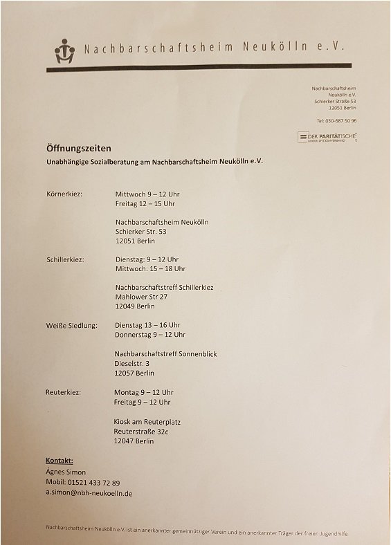 Unabhängige Sozialberatung im #Nachbarschaftstreff im #Schillerkiez #NBHnk
jeden  Dienstag   9 - 12 Uhr
jeden Mittwoch 15 - 18 Uhr 
@derjochen @BerlinNkl @grueneneukoelln @linke_neukoelln @spdneukoelln @cduneukoelln @VdK_Deutschland @nk_12049 @BuendnisNK