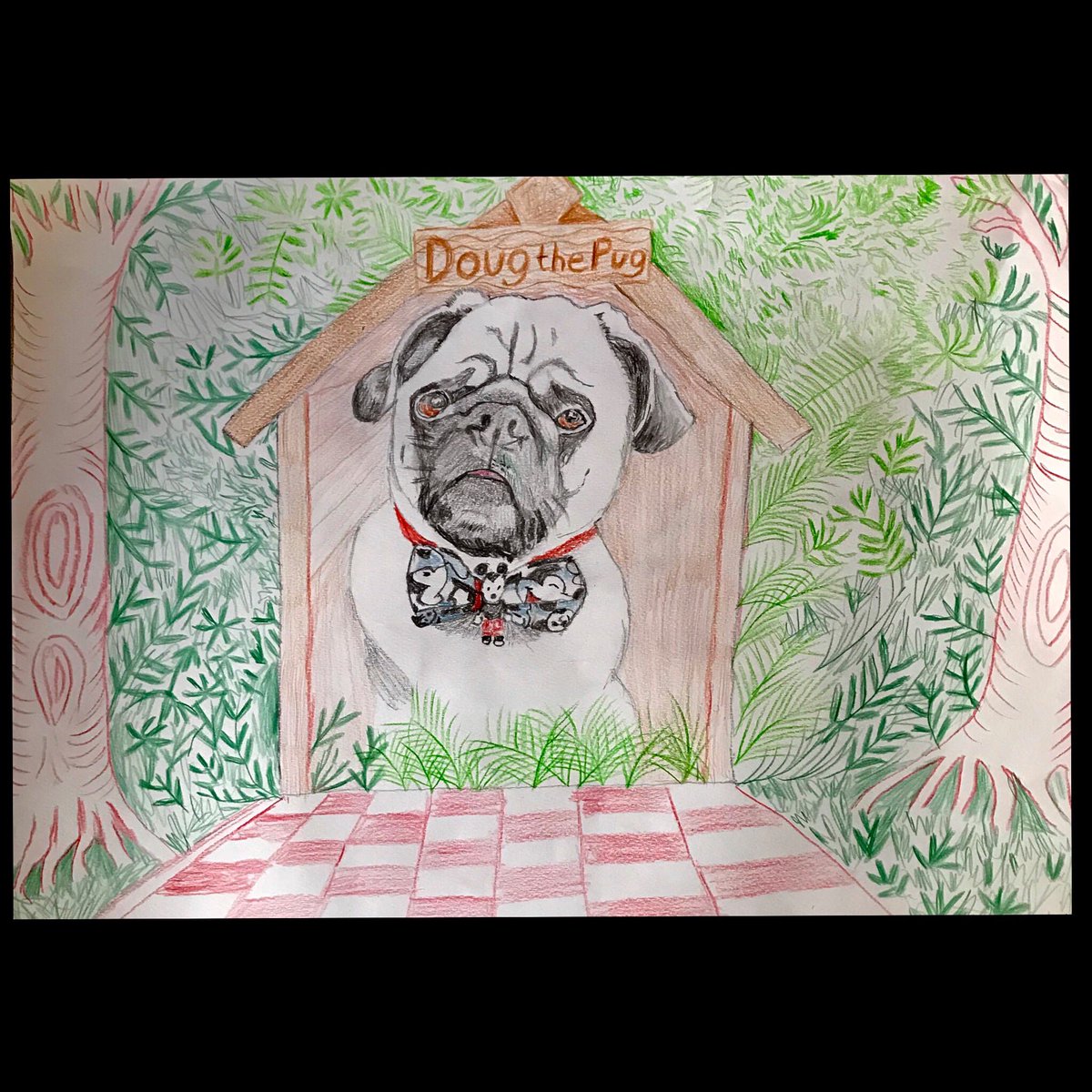 This truly fabulous portrait of Doug was completed as part of an art therapy class at @MosaicClubhouse where we support friends with mental health challenges. So great! @PetsAsTherapyUK @frankysbowtique #arttherapy #mentalhealth #MentalHealthMatters #Therapydog #therapypug