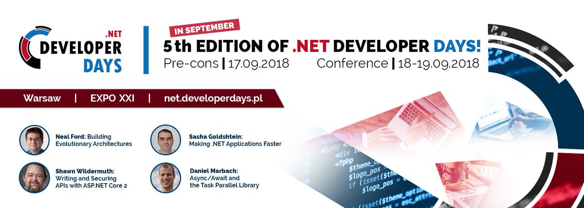DeveloperDaysPL's tweet image. Most sessions have been published! 🤩
Check the list at net.developerdays.pl/#agenda .
Take a look at our workshops. Neal Ford, Sasha Goldstein, Shawn Wildermuth and Daniel Marbach are waiting for share some knowledge with you. 🙂
See you in Warsaw, September 17-19! ✔️