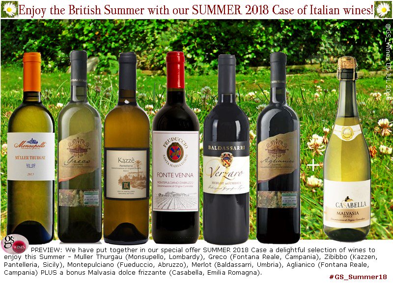 Preview: Our #Summer 2018 special offer case of 6 quality #Italian #wines-incl. <a href="/monsupello/">Monsupello</a> #Müller-#Thurgau,  Fontana Reale #Greco &amp; #Aglianico, Kazzen #Zibibbo, <a href="/IlFeuduccio/">Il Feuduccio</a> #Montepulciano, Bladassarri #Merlot PLUS bonus Casabella #Malvasia #dolce #frizzante Enjoy! #GS_Summer18