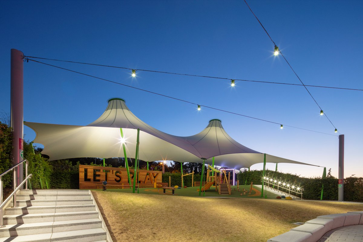 basestructures's tweet photo. Great shots of our White Rose play area canopy in Leeds, featuring lighting by @StudiotechLtd #tensilefabric #shadecanopy https://t.co/ob9cccAapt