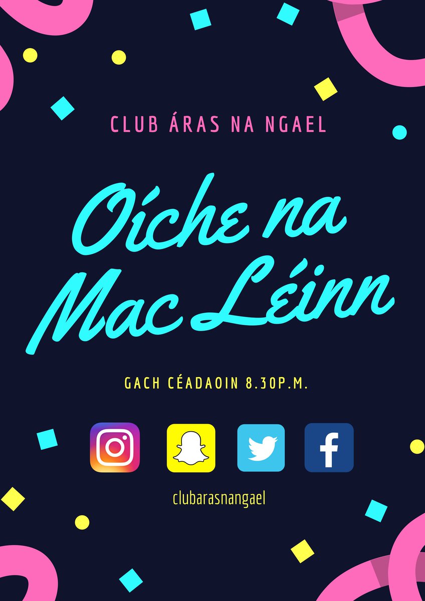 Imeachtaí éagsúla do mhic léinn gach Céadaoin i gClub Áras na nGael. Neart craic, spraoi agus, ar ndóigh, Gaeilge! # GaeilgeAbú