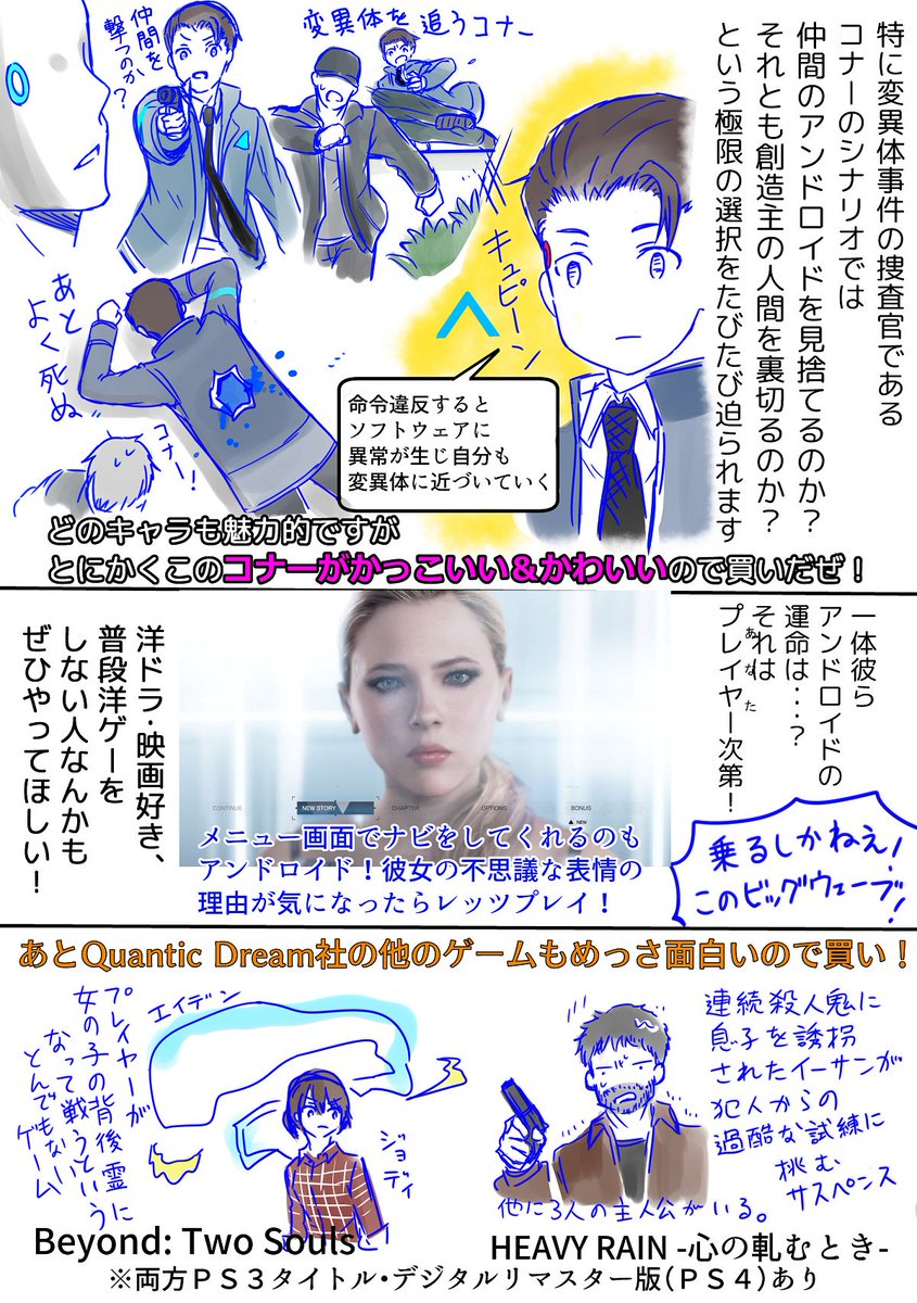 中村朝 部長が堕ちるマンガとかよろしく Pa Twitter 今巷で話題の超絶名作ゲーム Detroit Become Human がめっちゃ面白いので 知らない人は損してる ということで デトロイト紹介まんがを勝手に描きました 字が多くて見づらくてすみません よかったら読んでね