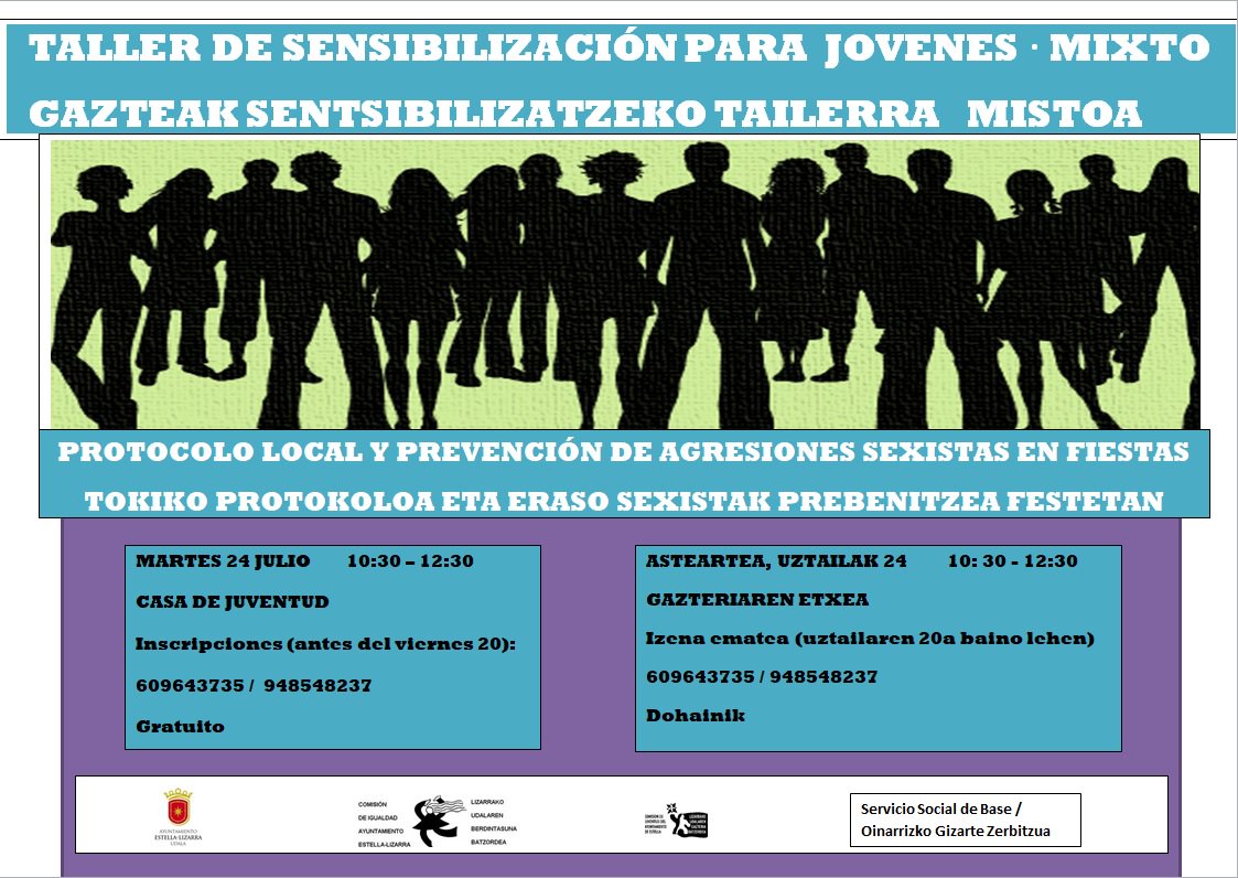 Si quieres aportar para conseguir unas fiestas libres de agresiones sexistas, este es tu taller.

Ekarpena eman nahi baduzu eraso sexistarik gabeko festak lortzeko, hauxe da zure tailerra.