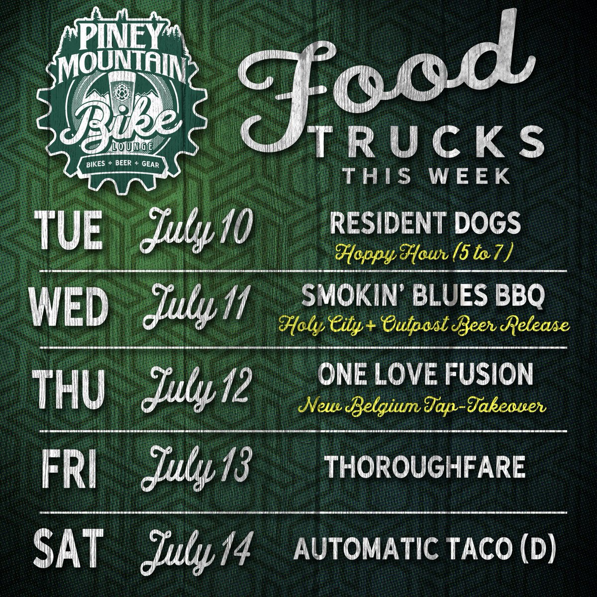 Busy Week! Here's the Food Truck schedule for this week. As always, subject to change at a moments notice! 
Tuesday Hoppy Hour 5-7 
Wednesday: Holy City+Outpost Collaboration Beer Release Party 6-9
Thursday New Belgium Tap-Takeover from 5-8 
Friday we welcome ThoroughFare