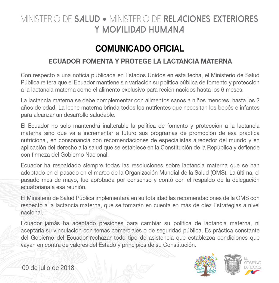 Salud_Ec's tweet photo. Comunicado | Ecuador fomenta y protege la #LactanciaMaterna, el Ministerio  de Salud Pública implementará en su totalidad las recomendaciones de la @opsoms. https://t.co/YxhzzabgIn