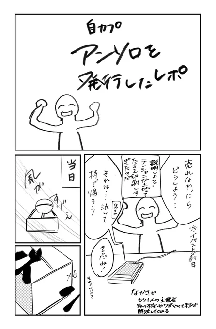 5月に発行した自カプアンソロが厚くて中身も最高ってのと売り子を顔がいい神レイヤーさんに依頼したら大変しんどかった(HAPPY)というレポ漫画です!(1/3) 
