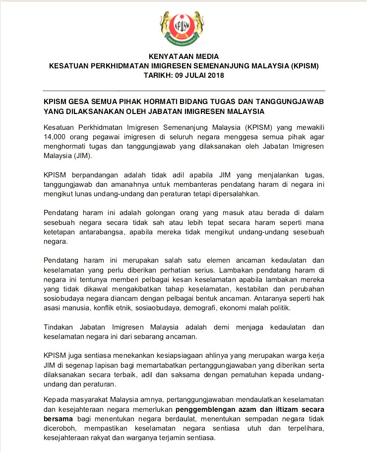 KPISM's tweet photo. KENYATAAN MEDIA KPISM: JIM TERUSKAN MEMBANTERAS PENDATANG HARAM TANPA KOMPROMI. INTERGRITI PROFESIONAL MESRA. @chedetofficial @muhyiddin_my @mkini_bm @UMonline @staronline @bharianmy @BuletinTV3 @NST_Online @SinarOnline @beritartm @bernamadotcom https://t.co/u2DdaBZ7Yq