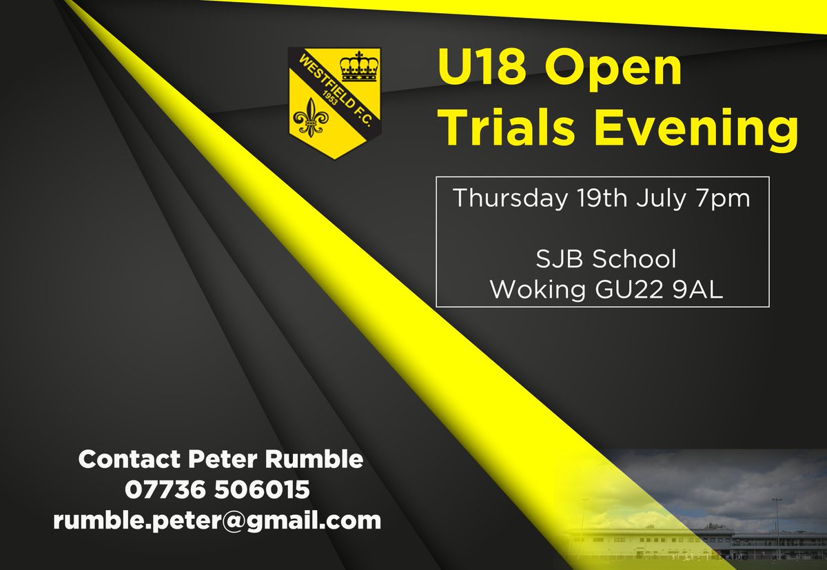 Westfield will be holding U18 open trials on Thursday 19th July @ 7pm