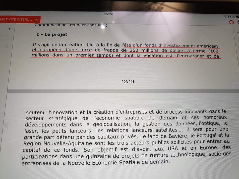 Le CR #Nouvelle-Aquitaine apporte 10 millions d’€ au fonds Global Space Ventures pour l’#innovation ds l’économie spaciale. Je dde qu’une partie du fds aille vers le traitement des #déchets de #spaciaux