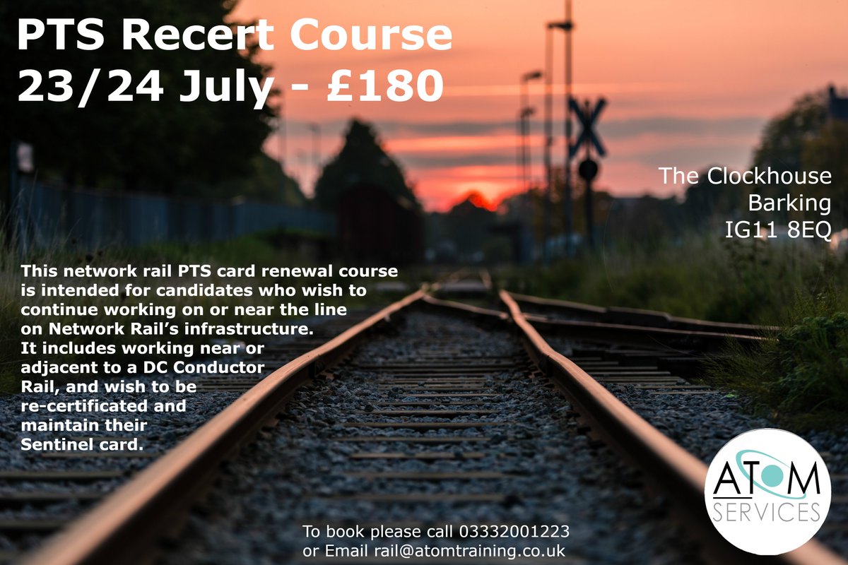 Atom Training Centre (@atomtraininguk) on Twitter photo Have a PTS qualification that's about to expire?
Only £180 and training will be at our Training Centre in Barking.
To book, please call 03332001223
Or email rail@atomtraining.co.uk Have a PTS qualification that's about to expire?
Only £180 and training will be at our Training Centre in Barking.
To book, please call 03332001223
Or email rail@atomtraining.co.uk