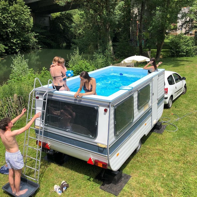 What do you think!? #French artist Benedetto Bufalino transforms a recreational vehicle into a swimming pool:  hywd.co/HAgo30kIjS2. #HappyCamper
