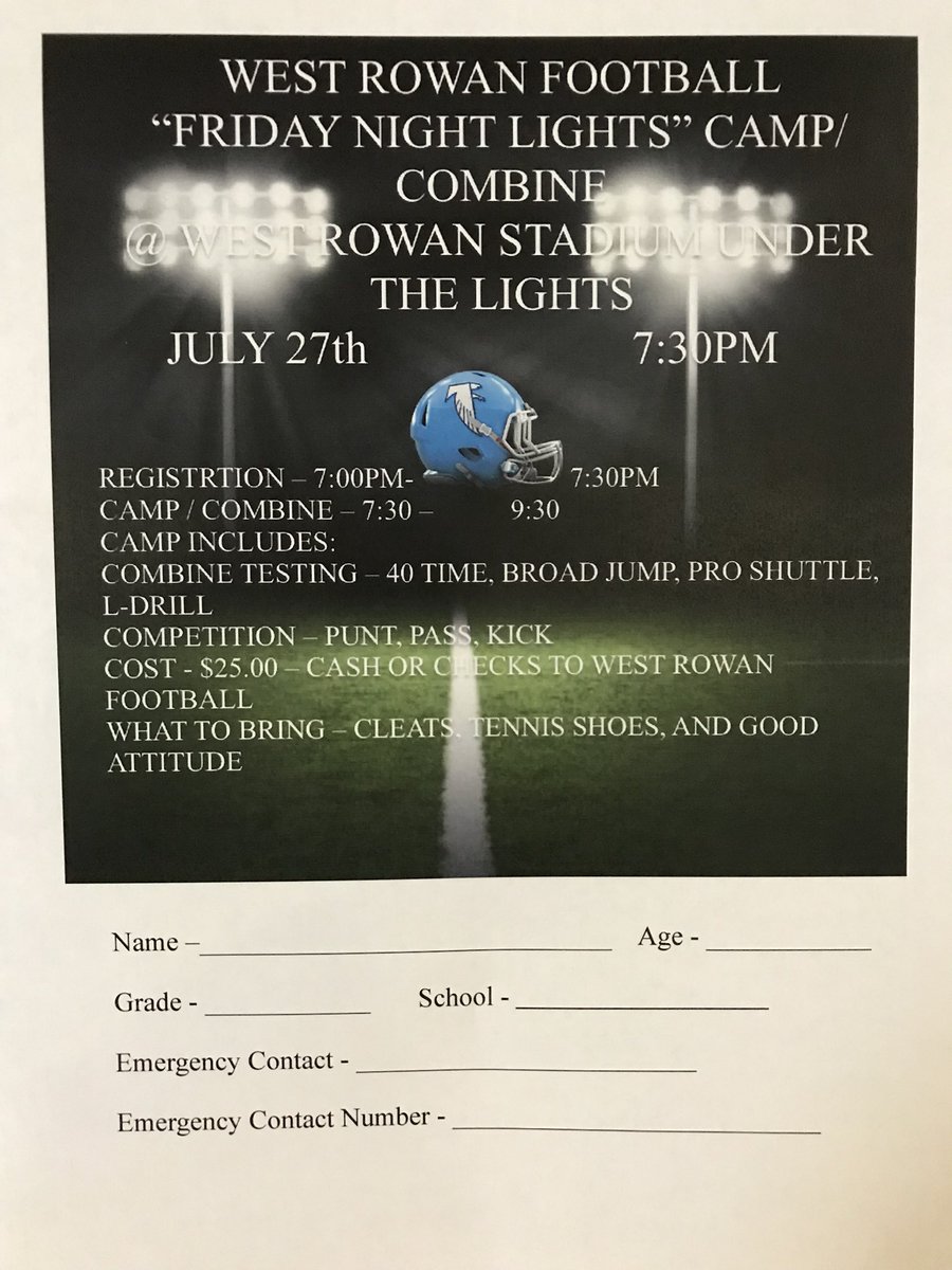 *Friday Night Lights Camp/Combine* Friday July 27th 7:30-9:30pm at WRHS. Rising 3rd -8th graders. Come out and get some work in and compete. #Bring1tBack
