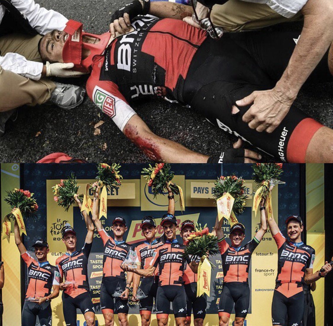 richie_porte's tweet photo. The difference a year makes! From crashing out to being part of a stage win @LeTour a year to the day. Incredible day for all here at @BMCProTeam and @GregVanAvermaet in yellow! #ridebmc https://t.co/TwV4eVkSUL