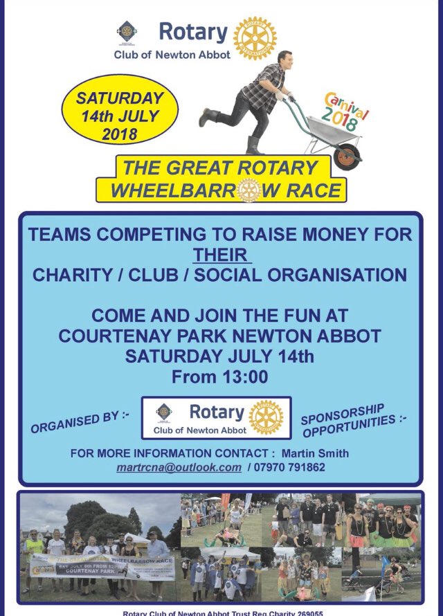 rotarynewtonabb's tweet image. Good evening all @Torbay_Hour. Have you all heard about the Great Wheelbarrow Race on Saturday? It’s at 2pm in Courtenay Park, Newton Abbot. #torbayhour