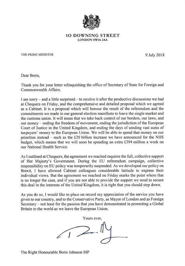 Birmingham Updates On Twitter Here Is Boris Johnson S Resignation Letter To Prime Minister Theresa May And Also Mrs May S Reponse To The Former Foreign Secretary Https T Co 7ctmram8cm