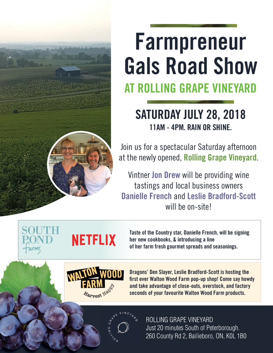South Pond Farms (@southpondfarms) on Twitter photo Join Danielle & @waltonwoodfarm at <a href="/RollingGrape/">Rolling Grape Vineyard</a> vineyard on Sat July 28th for the #Farmpreneur Gals Road Show! Enjoy wine tastings from Kawartha's newest vineyard & shop South Ponds newest products & Walton Wood's pop-up shop! @kawarthalocal @pktourism Join Danielle & @waltonwoodfarm at <a href="/RollingGrape/">Rolling Grape Vineyard</a> vineyard on Sat July 28th for the #Farmpreneur Gals Road Show! Enjoy wine tastings from Kawartha's newest vineyard & shop South Ponds newest products & Walton Wood's pop-up shop! @kawarthalocal @pktourism