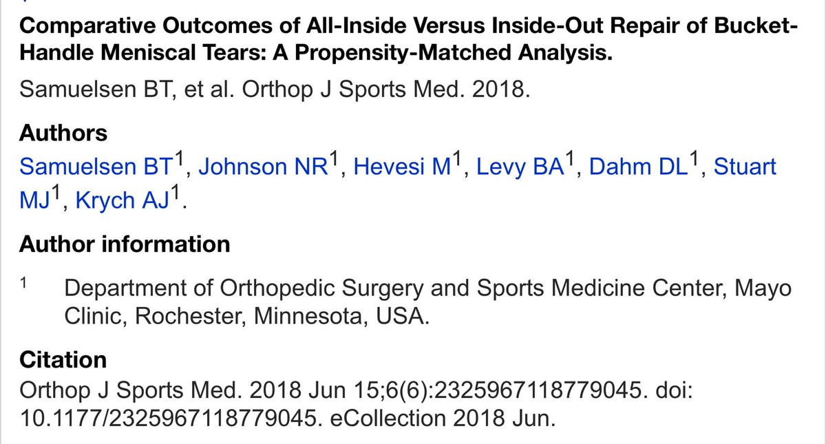 MarioHevesiMD's tweet photo. Good clinical outcomes at short- to midterm follow-up with both inside-out and all-inside repair techniques for bucket-handle meniscal tears. Whatโs key is to #FixThatMeniscus !
@mayoclinicsport @BruceALevyMD @MichaelStuartMD @DrKrych
https://t.co/LObenhPpNY https://t.co/i9kH5fARmv