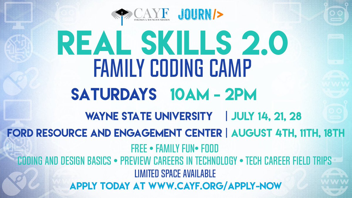 FREE Coding Camp for Detroit youth and parents! First meeting at Wayne State University Undergraduate Library, 5155 Gullen Mall this Saturday! SPACE IS LIMITED! Sign up today at cayf.org/apply-now!