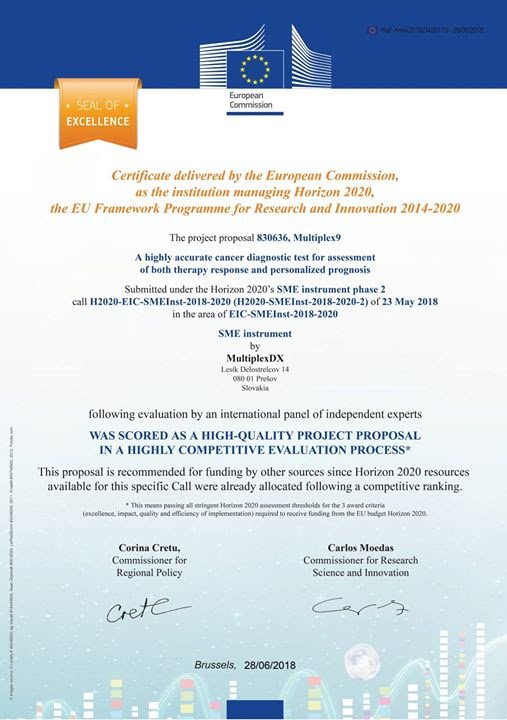 MultiplexDx's tweet photo. #MultiplexDX was awarded #Horizon2020 #SealofExcellence by the #EuropeanCommission. An international panel of independent experts evaluated our #Multiplex9 cancer diagnostic test as a high-quality project proposal recommended for funding. #investments #investmentopportunity https://t.co/2vbYUZF3j0