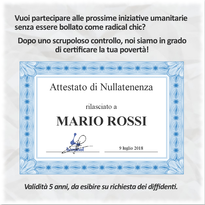 luminolads's tweet photo. Attestato di Nullatenenza, per non essere bollato come #radicalchic.
#magliettarossa https://t.co/rwQmRWM12M