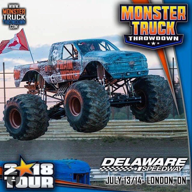 real_Trainwreck's tweet photo. We are coming for you #London! The Monsters are invading the #DelawareSpeedway with #MonsterTruckThrowdown with two shows this Friday and Saturday! And it’s going to be a #Hot one! 🔥 #TrainWreckMonster #MonsterTrucks #SpeedStyleDestruction #Ontario #HeatWave #HotInHere https://t.co/XzBsGbAqB9